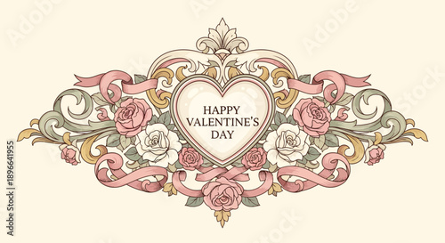 Vintage Valentine's Day card with ornate heart and floral decorations.