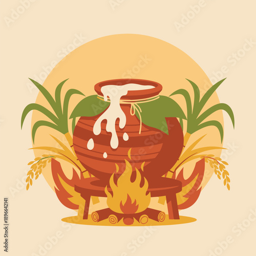 Flat illustration of Pongal cooking scene with pot and sugarcane