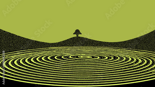 A tranquil scene depicts a solitary tree on a hill, amidst concentric ripple-like lines