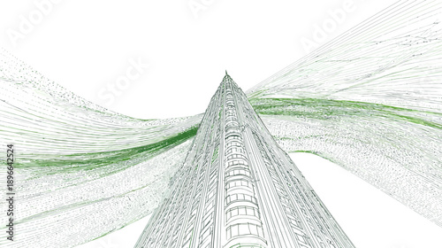 A tall, abstract building design, stylized with lines and gradients in white and green