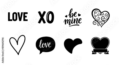 Collection of vector hearts and romantic lettering for design projects
