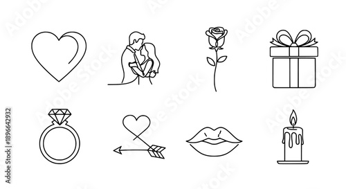 Elegant Outline Vector Icons Collection for Love and Valentine's Day Celebrations, Romantic Gestures, and Relationship Concepts