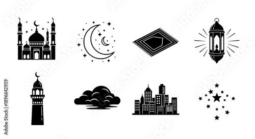 Elegant Vector Icons Illustrating Islamic Culture and Ramadan Traditions