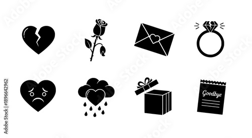 Monochromatic vector icon set depicting love's journey from romance to heartbreak and farewell