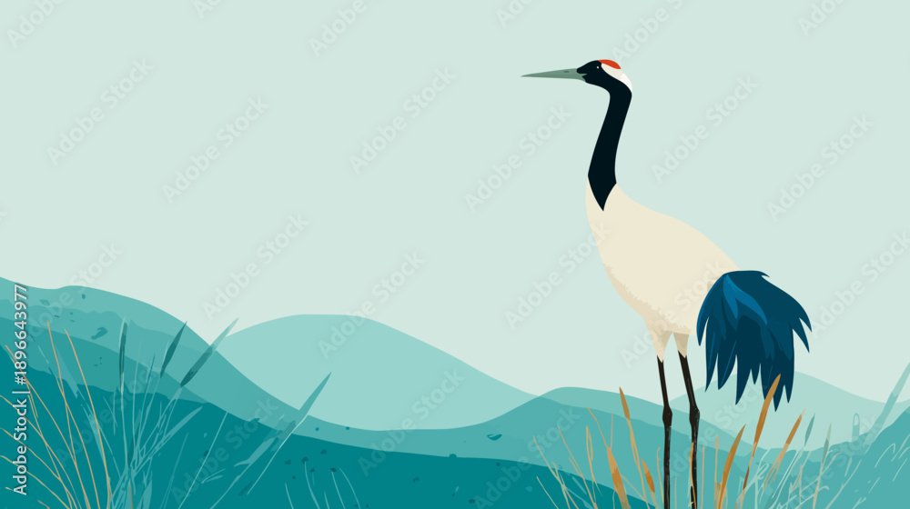 Fototapeta premium A serene illustration features a crane in nature, amidst stylized hills and vegetation