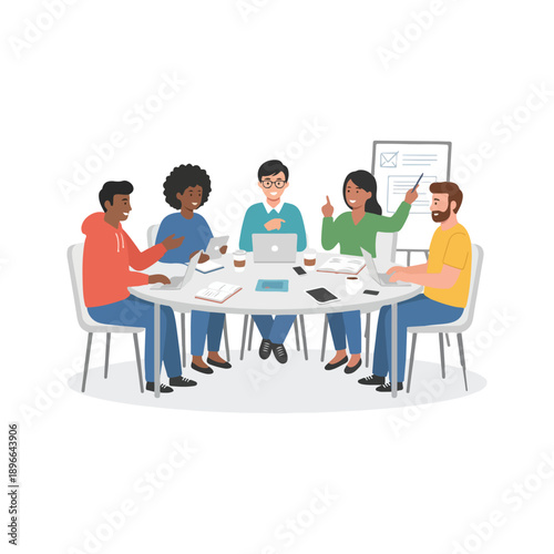Startup team working late together flat illustration