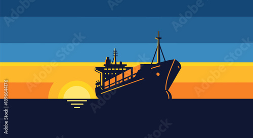 Silhouette of a cargo ship sailing on the ocean at sunset.