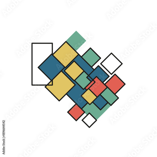 Geometric Abstract Composition with Colorful Squares and Lines.