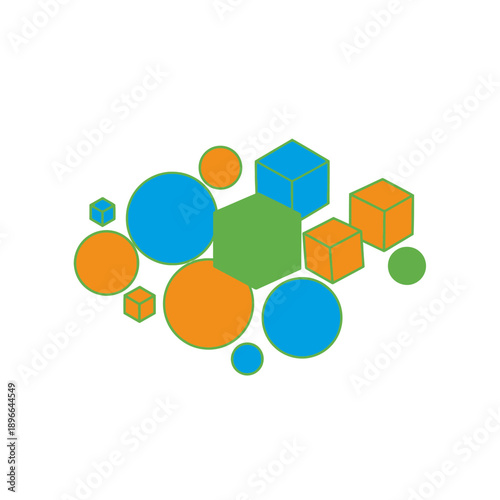Geometric Shapes Composition Circles Cubes and Hexagons Design.