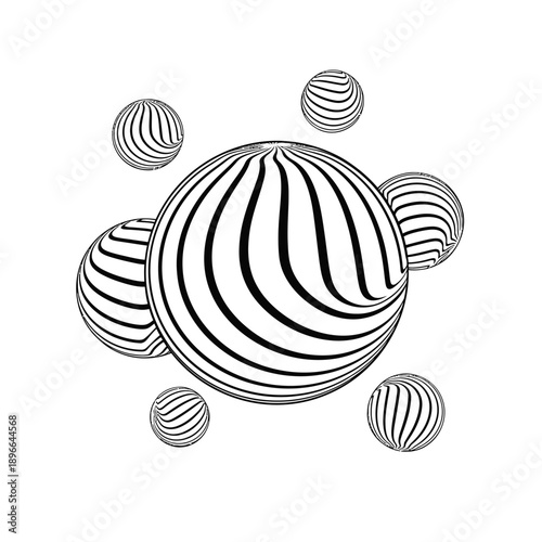 Optical illusion spheres with curved lines design.