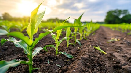 Fotobehang Cappuccinokleur Corn seedlings in rows on organic field, sustainable agriculture landscape  © Ruslan Abdullin