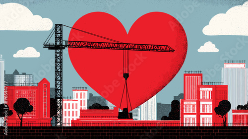 A crane lifting a large heart over a city skyline with red buildings and brick facade