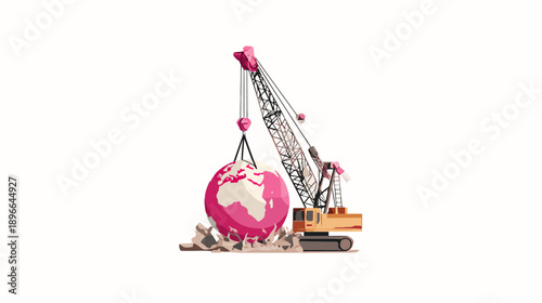 A crane lowers a world map ball onto debris, creating an abstract illustration on white background