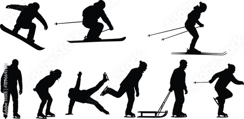 Black silhouettes of people performing winter sports including skiing, snowboarding, ice skating, sledding, dynamic illustration representing recreation, activity, adventure, and seasonal fun
