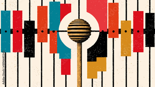 A mid-century modern abstract composition featuring color blocks, circle, and a central spherical object