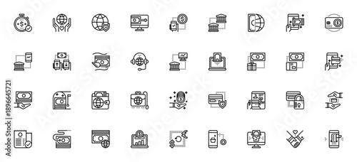 Online Money Transfer icon set. Vector illustration includes symbols for stopwatch, charity, security, online payment, mobile banking, credit card, shopping, donation and more.