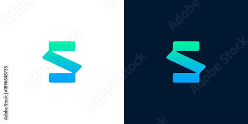 Abstract 'S' shape logo in vibrant blue and green gradient on white and dark backgrounds, symbolizing innovation and digital connectivity
