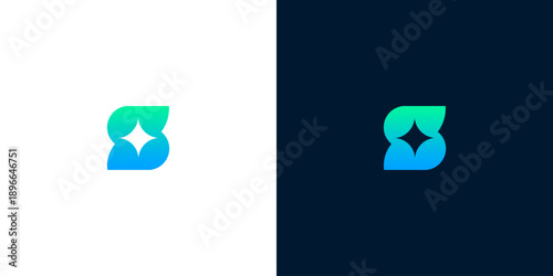 Dynamic abstract letter 'S' logo design featuring a radiant sparkle element and a smooth blue-green gradient, presented in both bright and dark aesthetic versions for adaptable branding solutions