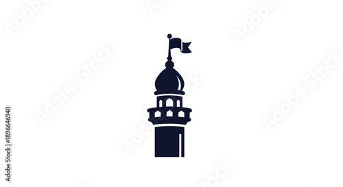 Tower with dome and flag on top.
