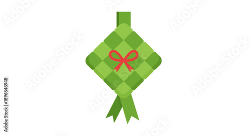 Green gift box with red ribbon.