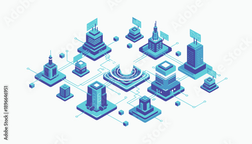 Isometric cityscape with various buildings and structures.
