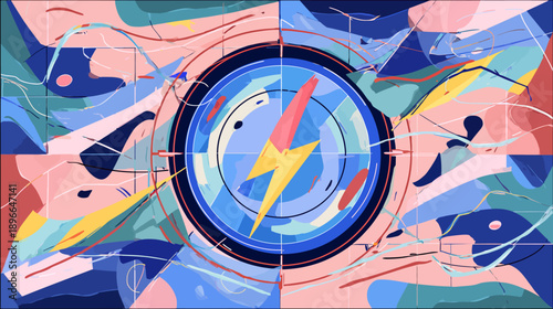 Abstract digital art with a central, blue circle and a yellow lightning bolt. Background has various colors