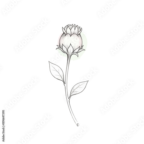 Hand-drawn illustration of a single unopened flower bud with leaves