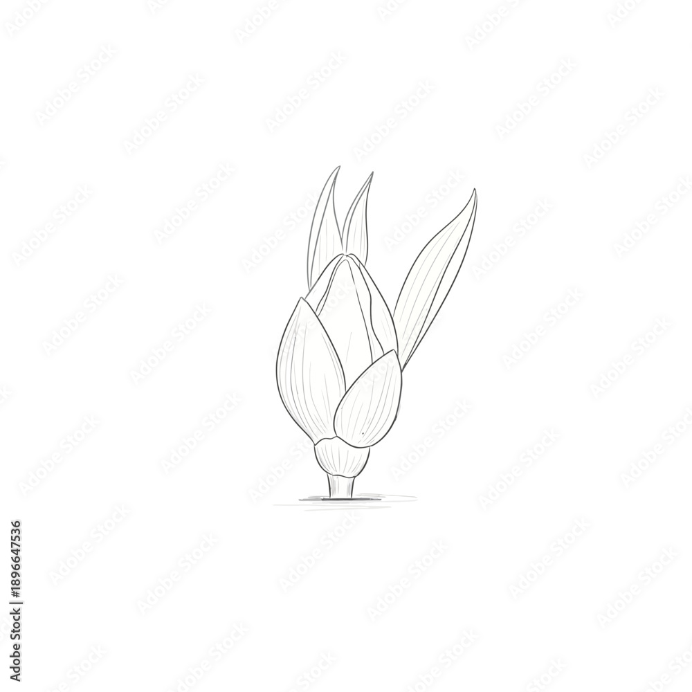 Obraz premium Unopened Flower Bud Sketch with Leaves, Outline Drawing