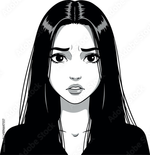 Anxious Woman with Long Black Hair and Wide Eyes Expressing Fear or Concern