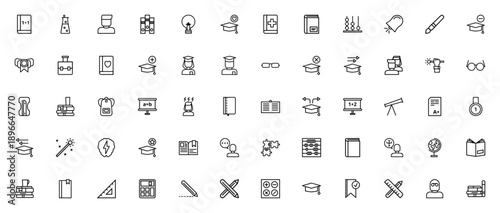 Education icon set. Vector illustration pack featuring teacher, student, books, graduation cap, science, math, globe, and more school symbols. Editable stroke.