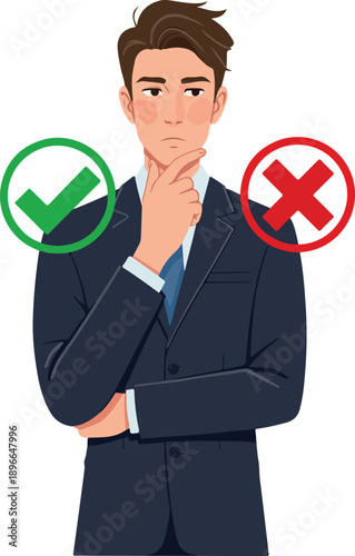 Businessman Thinks Choice Between Green Check Mark and Red Cross Icon
