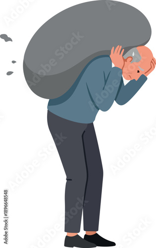 Elderly Man Carrying Heavy Load Struggling with Gray Bag Over Shoulder