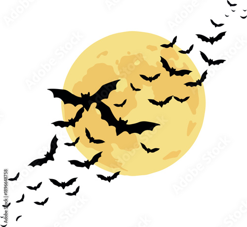 Flock of Bats Flying Across a Spooky Yellow Full Moon