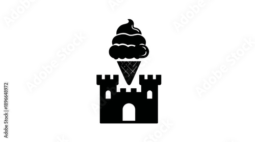 Black and white illustration of an ice cream cone above a castle with a simple design