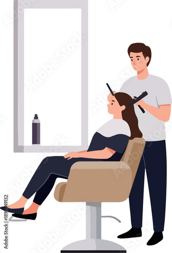 Man Cutting Woman Hair In A Salon Flat Design Vector