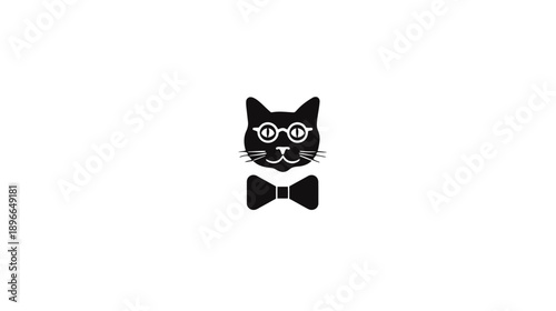 A stylized illustration of a cat head wearing glasses and a bow tie, in minimalist style