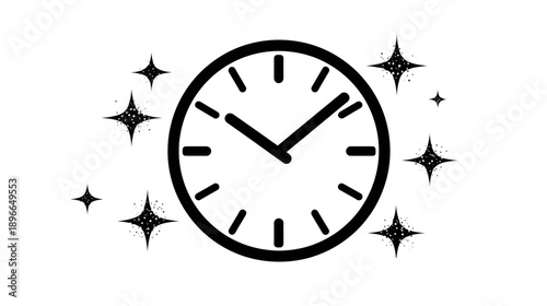 A black and white graphic depicting a clock with hands and star-like sparkles around it