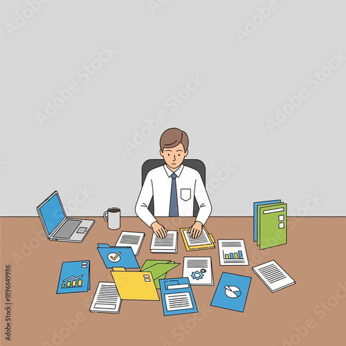 Overwhelmed businessman at desk with piles of documents and laptop
