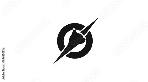 A stylized black graphic featuring a cat's head within a circle, crossed by a sharp diagonal line