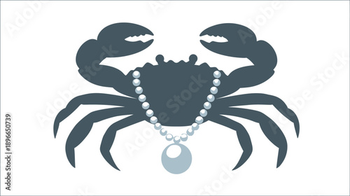 A cartoon crab in silhouette with a pearl necklace hanging around its body on a white background