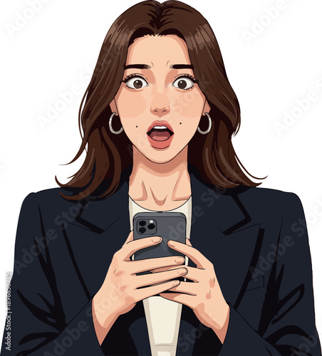 Surprised Woman Pixel Art Holding Phone in Dark Suit White Blouse