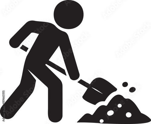 Vector black silhouette of a person digging with a shovel, moving dirt, isolated on white