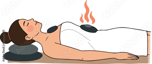 Woman Receiving Hot Stone Massage Therapy Relaxation Spa Treatment Flat Design