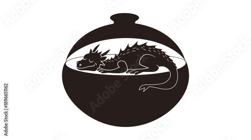 A black dragon slumbers peacefully inside a vessel, resting on a white, flat surface