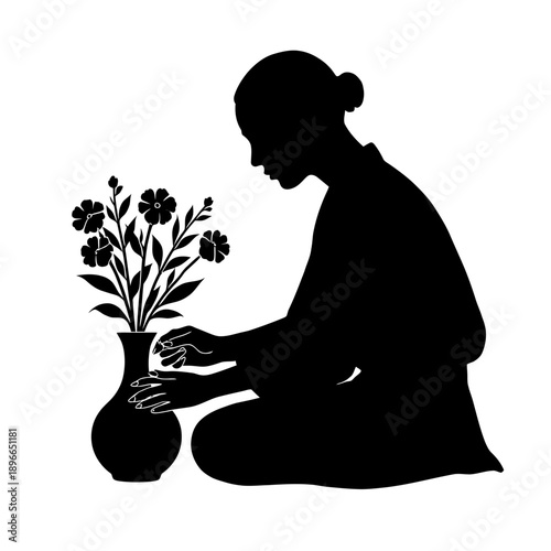 Silhouette of a kneeling woman arranging flowers in a vase illustration