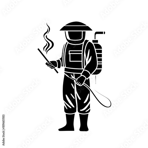 Person wearing protective gear holding a smoking stick and spraying device
