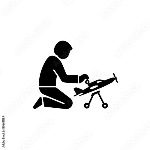 Man inspecting a toy airplane on the floor in a simple graphic illustration