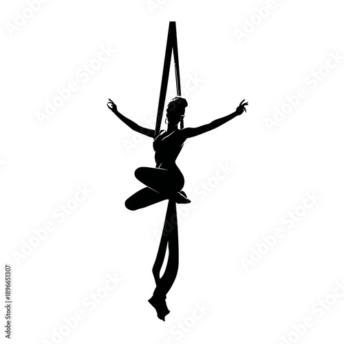 A woman performs aerial yoga with hoop, suspended in mid-air, vector illustration