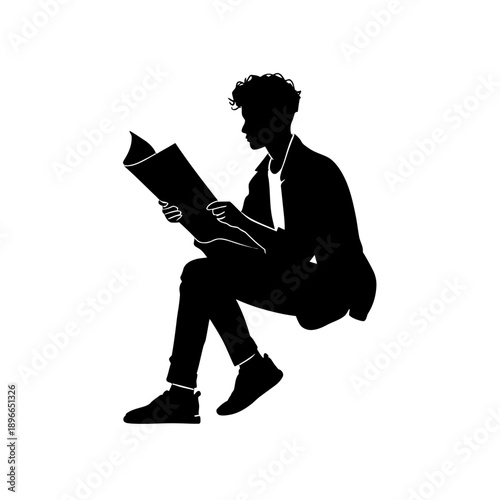 Man sitting on floor reading tarot cards, viewed from the side in a simple vector illustration