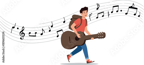 Young Man Walking With Guitar and Musical Notes